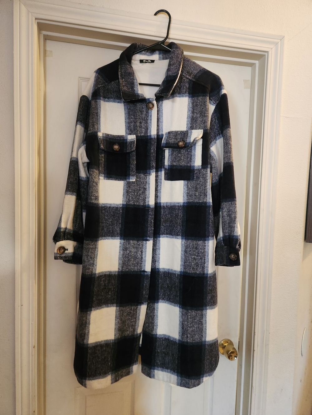 Miss Me Navy Blue & White Plaid Long Trench Coat